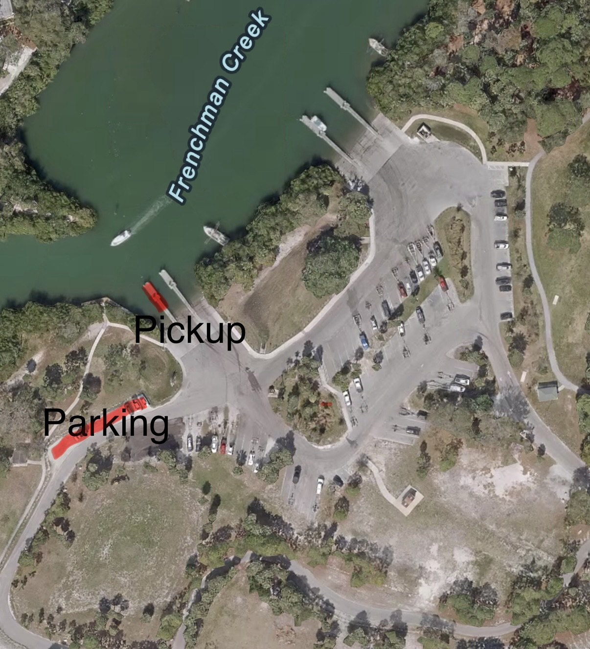 Aerial map of the Maximo Park boat ramp on Frenchman Creek, with the pickup dock and the parking area highlighted