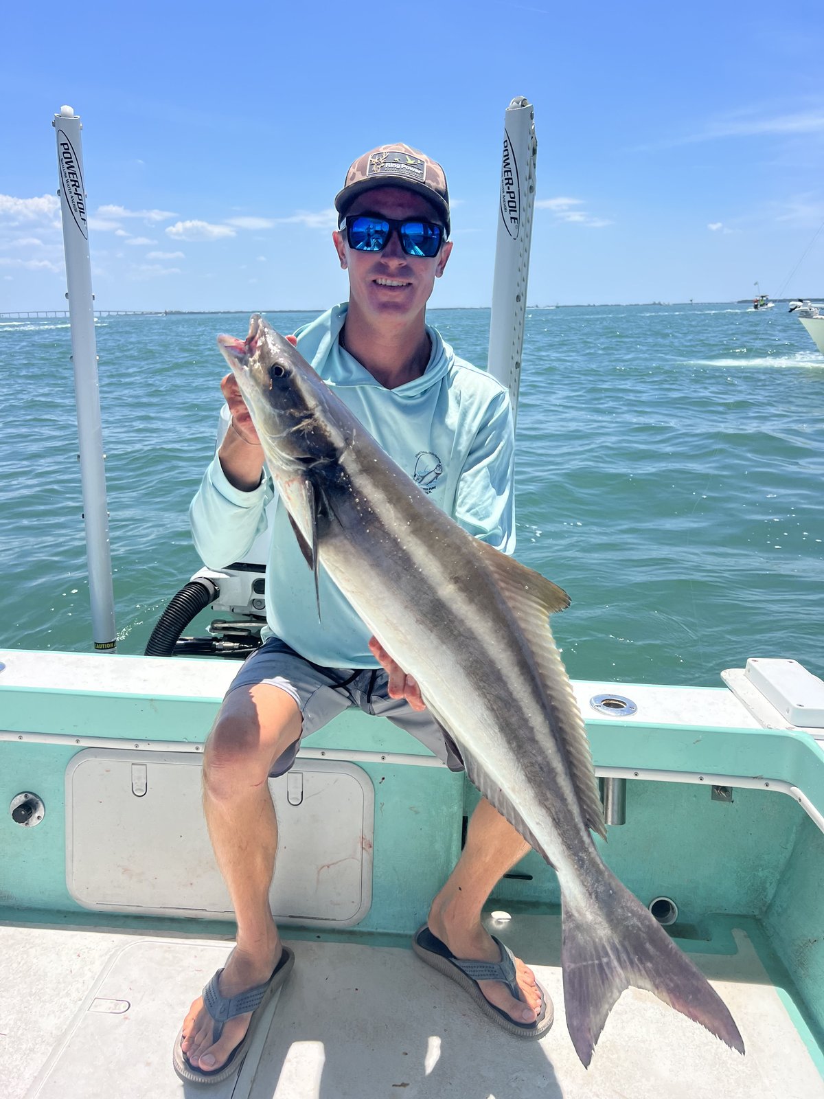 A long cobia held across the gunwale on a nearshore Gulf trip